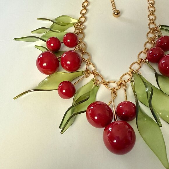 NWOT Rare Kate Spade Ma Cherie Gold Red Green Acrylic Cherry Statement Necklace - Picture 10 of 15